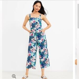 LOFT Blue and Pink Floral Jumpsuit with Wide-Leg Cropped Pants